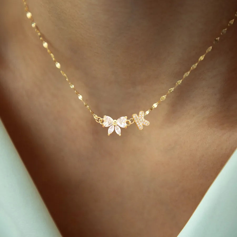 Gold Letter & Bow Pendant Necklace – Stainless Steel