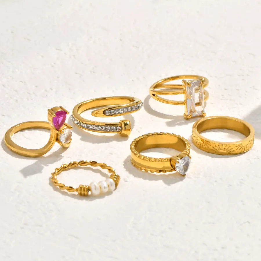 18K Gold Plated Geometric Pearl Zircon Ring