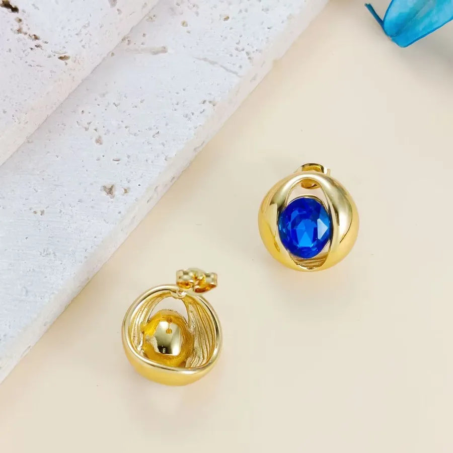 Colorful Rhinestone O-Shaped Stainless Steel Earrings 17 X17mm (Needle Thickness: 0.8) Blue 1 Pair Package