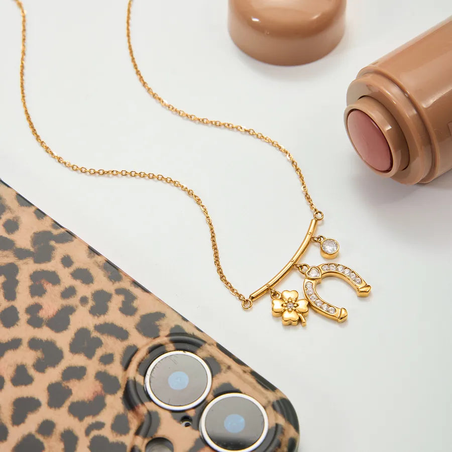 18K Gold Clover & Horseshoe Stainless Steel Necklace