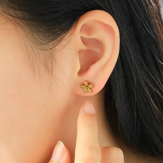 18K Gold Plated Zircon Flower Stud Earrings