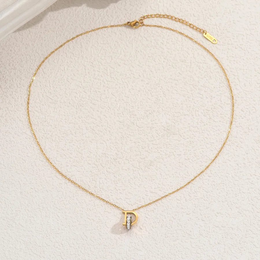 Gold Letter D Necklace with Zircon – Stainless Steel Average Size Gold