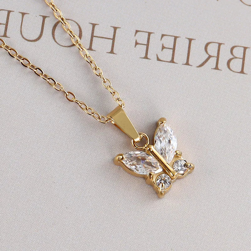 Butterfly Zircon Necklace in 18K Gold Titanium Gold N0052-GZ White Zircon Model