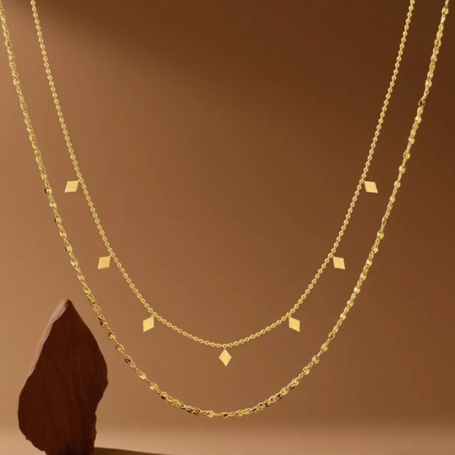 Double Layer Titanium Steel Heart Necklace X0384-Double Layer Diamond Necklace- Gold