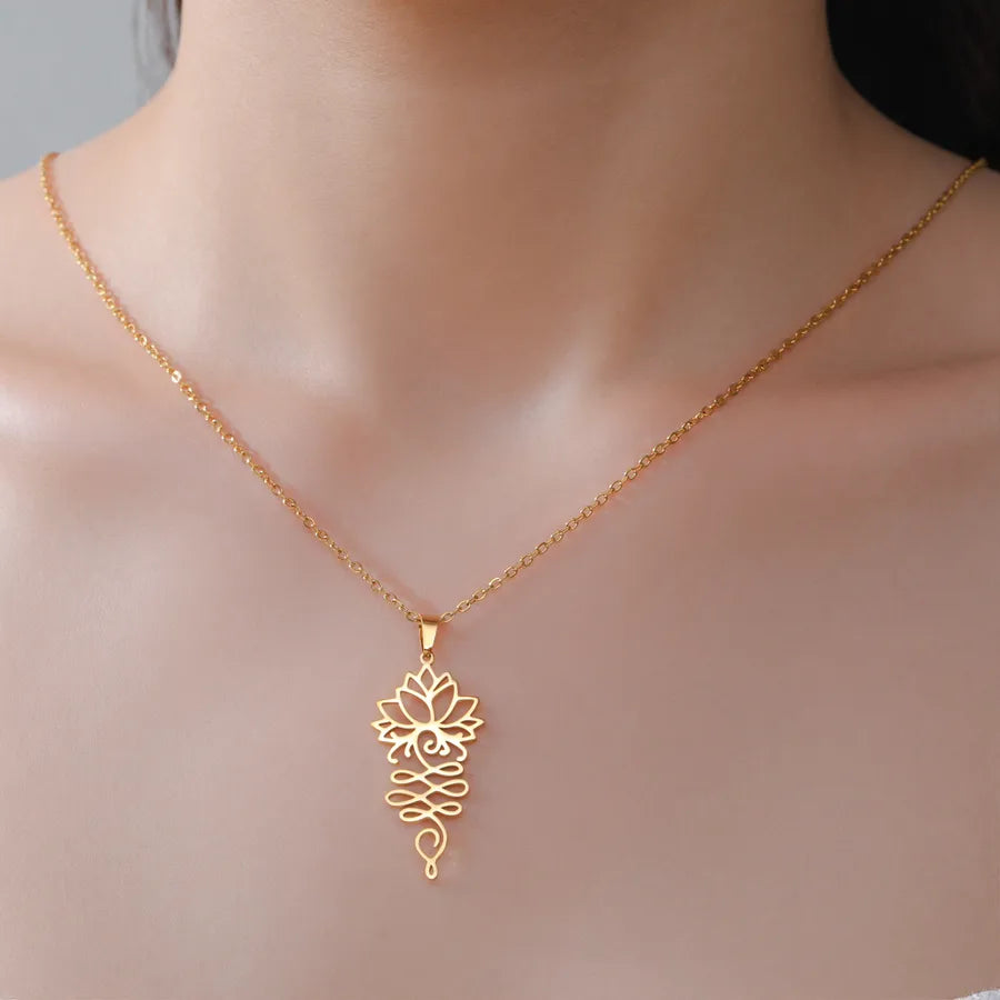 Geometric Lotus Pendant Stainless Steel Necklace