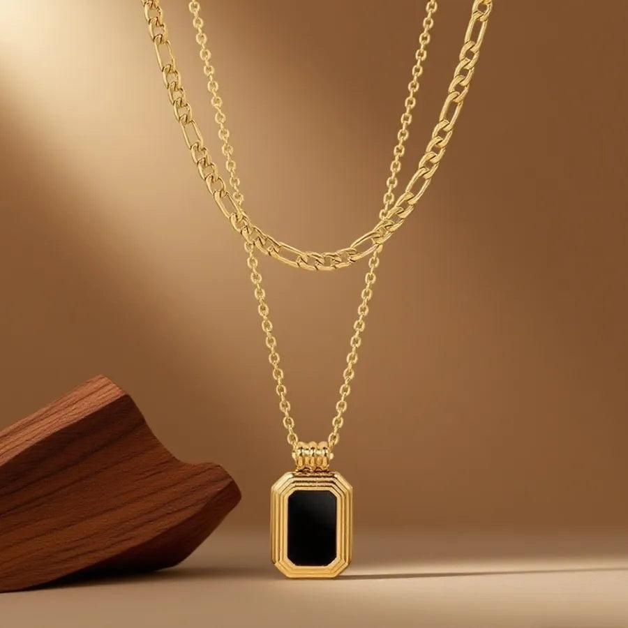 Titanium Steel Heart Pendant Necklace X0624-Double Layer Black Shell Square Brand Necklace - Gold