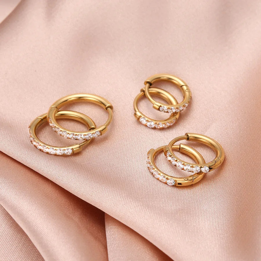 Gold Stainless Steel Hoop Earrings with Zirconia