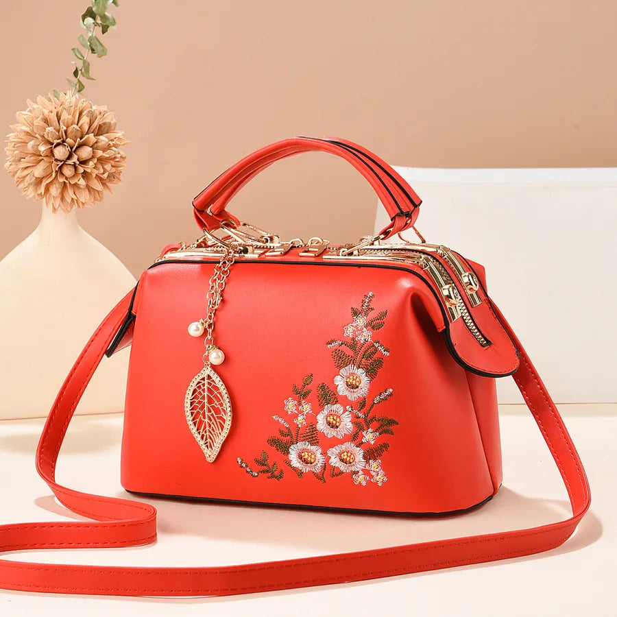 Floral Embroidered Retro PU Leather Shoulder Bag