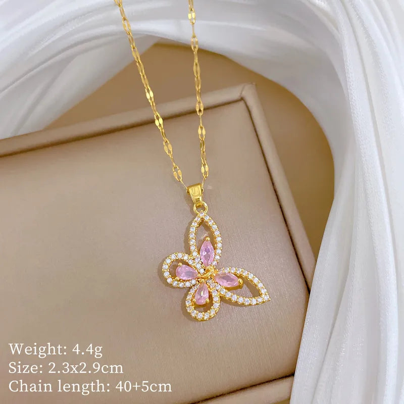 Gold Butterfly Zircon Pendant Necklace J502 Powder