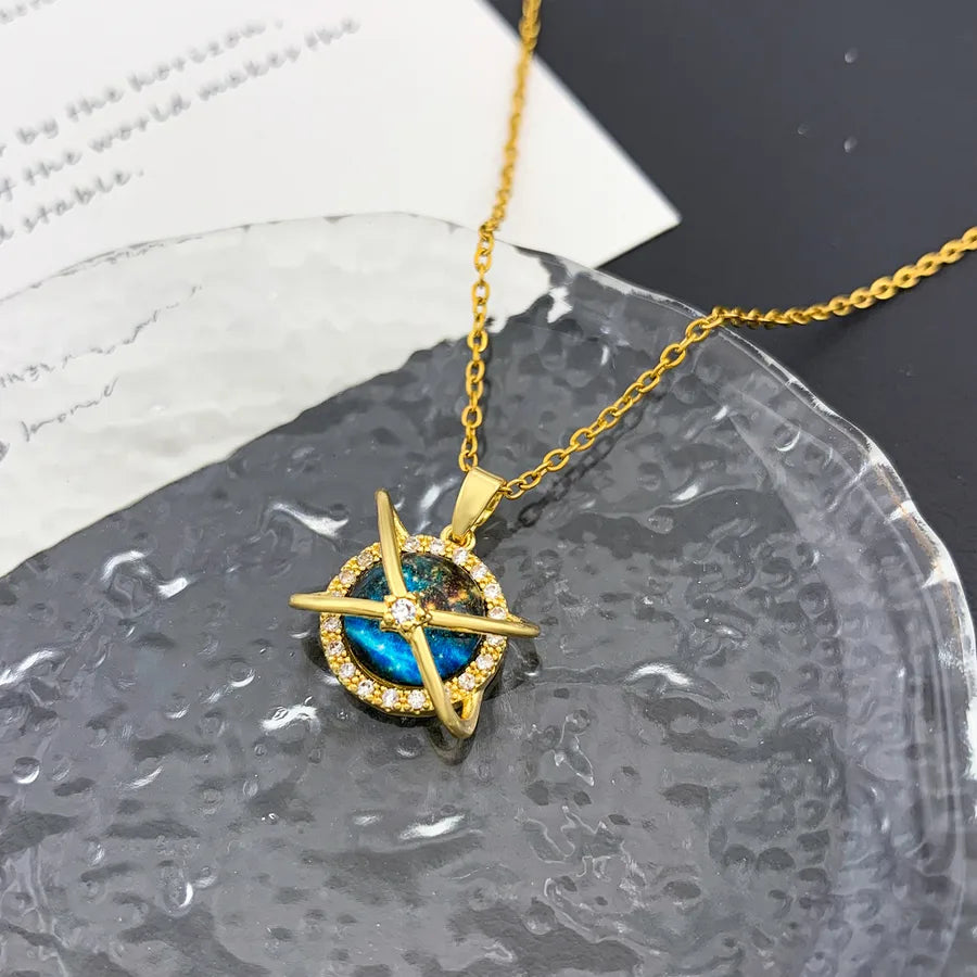 Starry Sky Planet Zircon Pendant Necklace XL1365 Cross Planet Necklace with Round Rings Gold