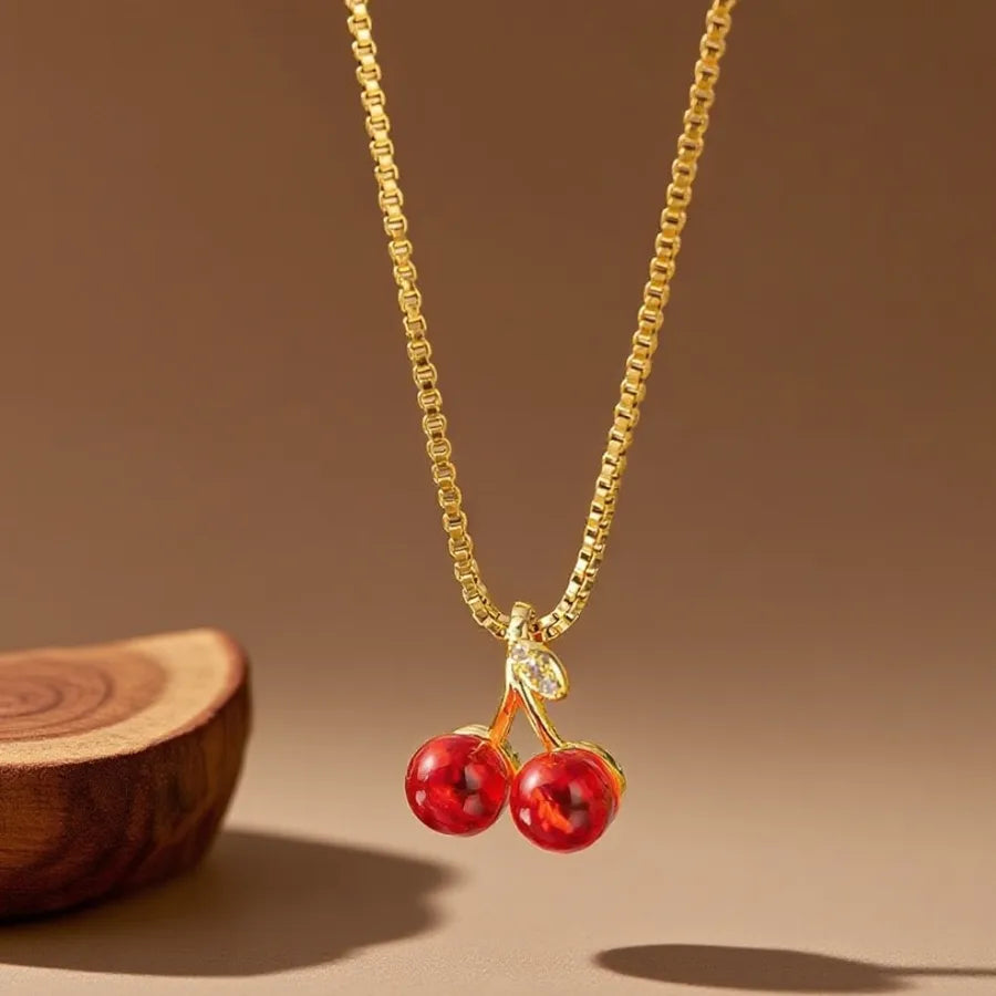 Geometric Titanium Steel Necklace for Women X08081 [Copper Pendant] Cherry - Necklace - Gold