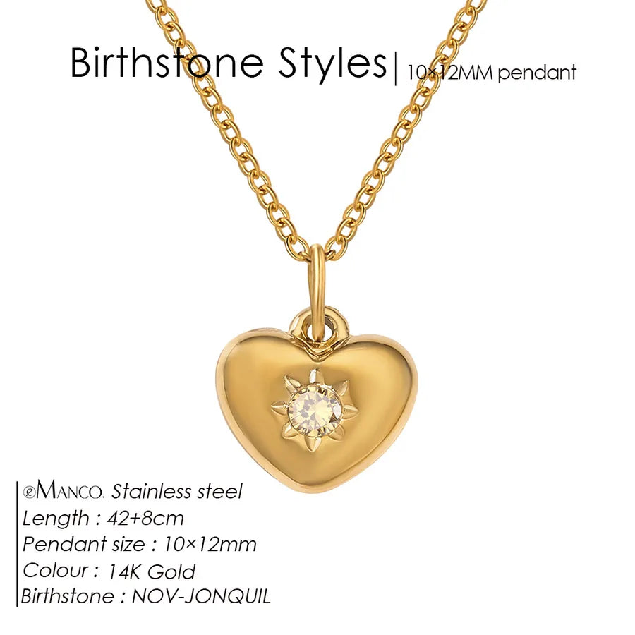 14K Gold Heart Birthstone Necklace for Women November Light Gold Color