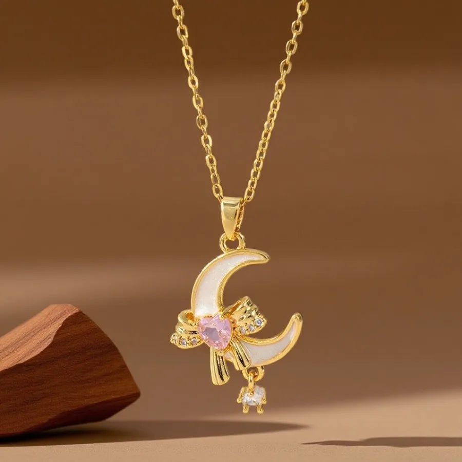 Geometric Titanium Steel Necklace for Women X08175 [Copper Pendant] Bowknot Zircon Moon Necklace - Gold