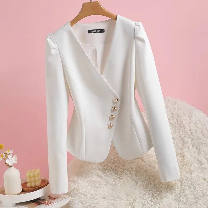 Women's V-Neck Bubble Sleeve Blazer Jacket White