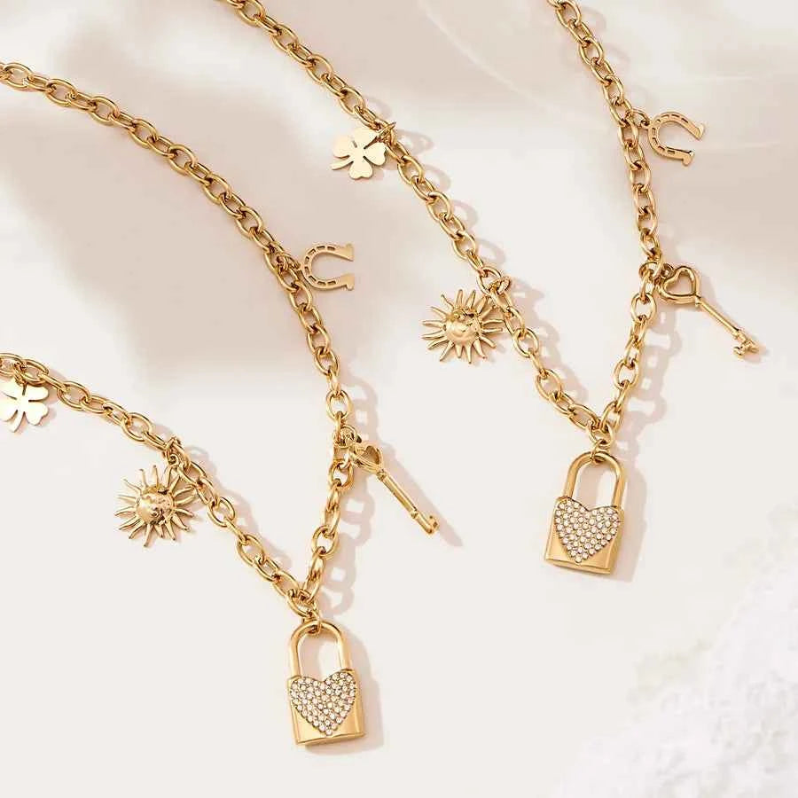 18K Gold Heart Lock Necklace with Zircon Charms