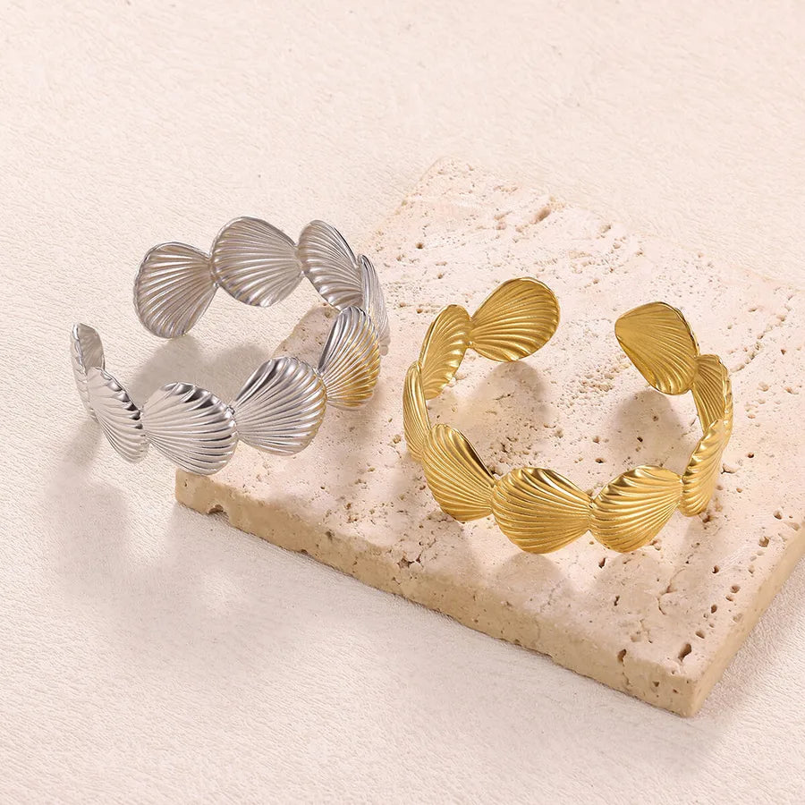 18K Gold Plated Leaf & Flower Open Bangle Bracelet