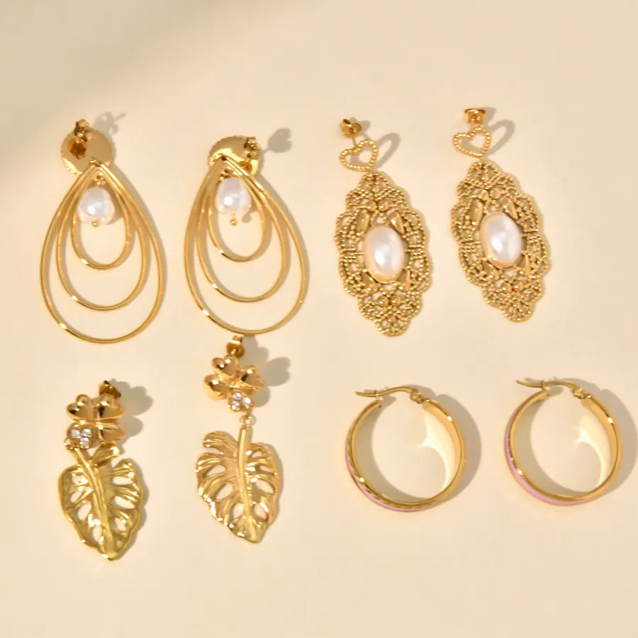 18K Gold Retro Leaf & Pearl Drop Earrings