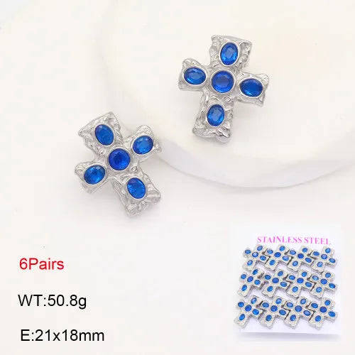 Gold Cross Zircon Earrings – Titanium Steel 21*18mm Lake Blue Diamond Silver 6 Pairs Card
