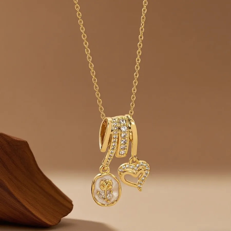 Geometric Titanium Steel Necklace for Women X08299 [Copper Pendant] Heart Flower - Necklace - Gold