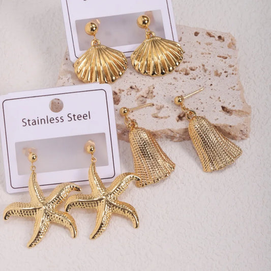 Gold Starfish Shell Drop Earrings