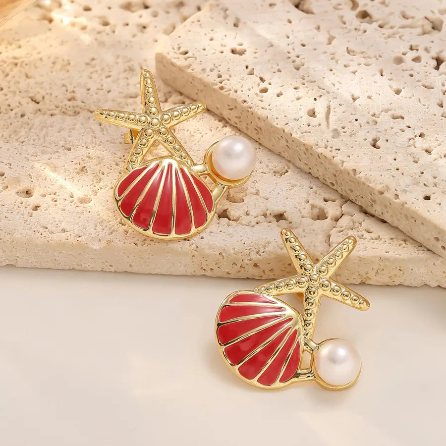 Starfish & Shell Pearl Earrings – Gold Stainless Steel