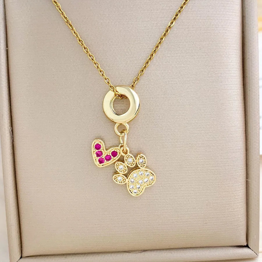 18K Gold Plated Zircon Pendant Necklace XL2147 Heart Paw Necklace Gold