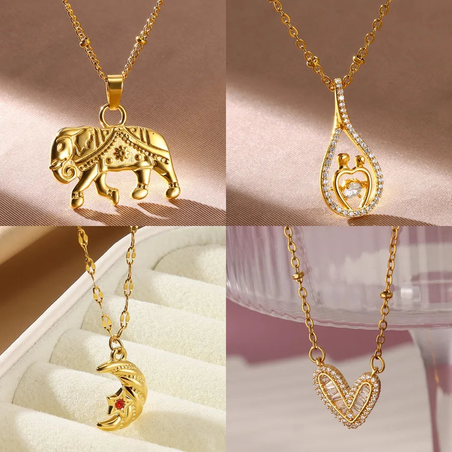 Gold Elephant Moon Pendant Necklace