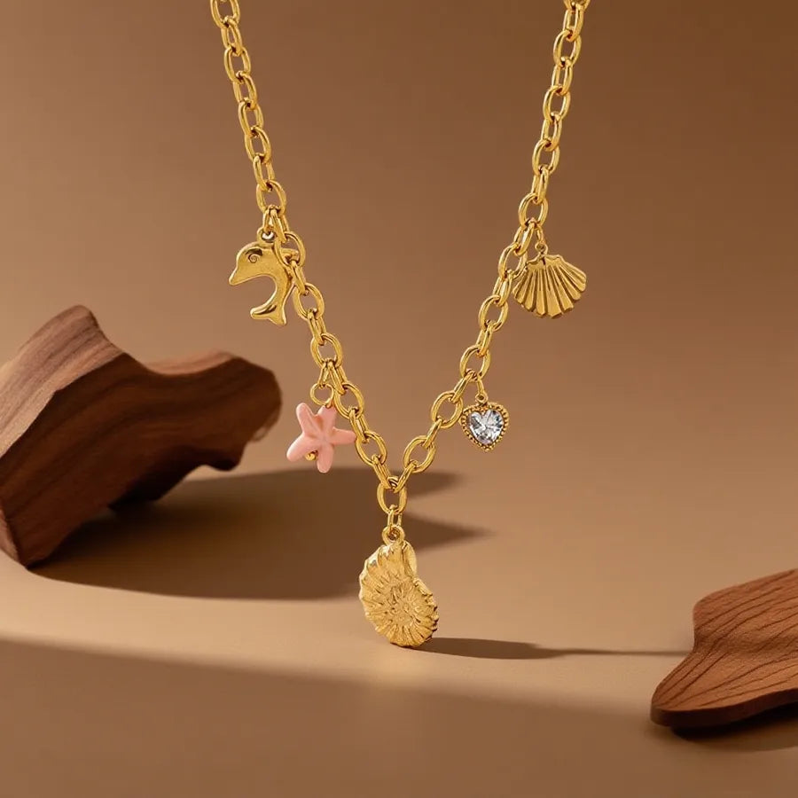 Titanium Steel Starfish Shell Pendant Necklace X01246-White Diamond Pink Starfish-Necklace- Gold