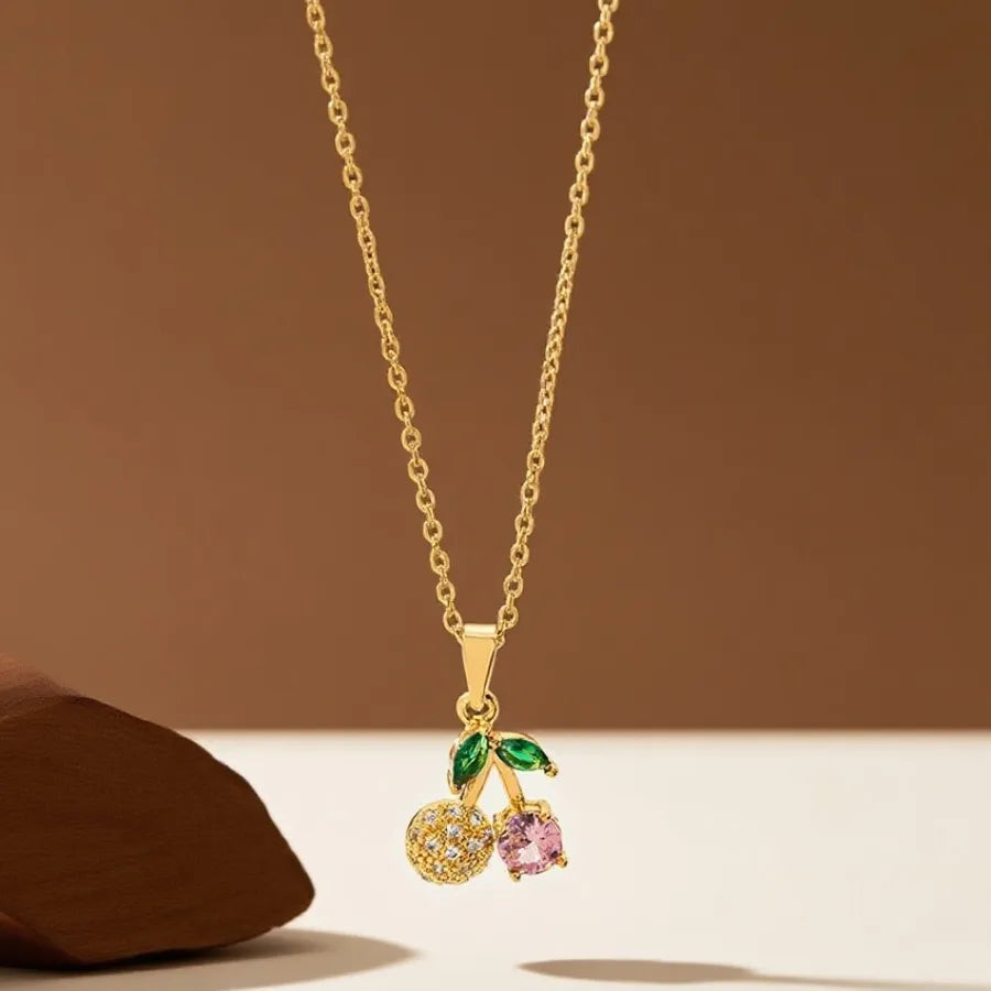Geometric Titanium Steel Necklace for Women X08282 [Copper Pendant] Pink Diamond Cherry - Necklace - Gold