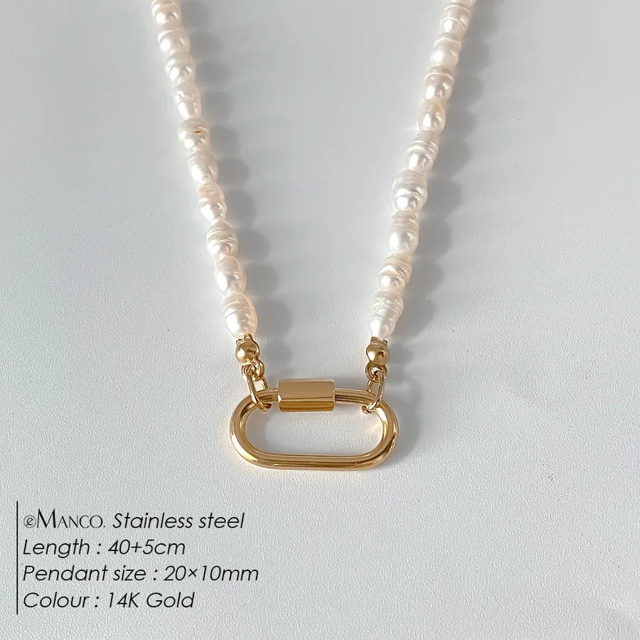 Geometric Pearl Stainless Steel Pendant Necklace XNL0050 Gold