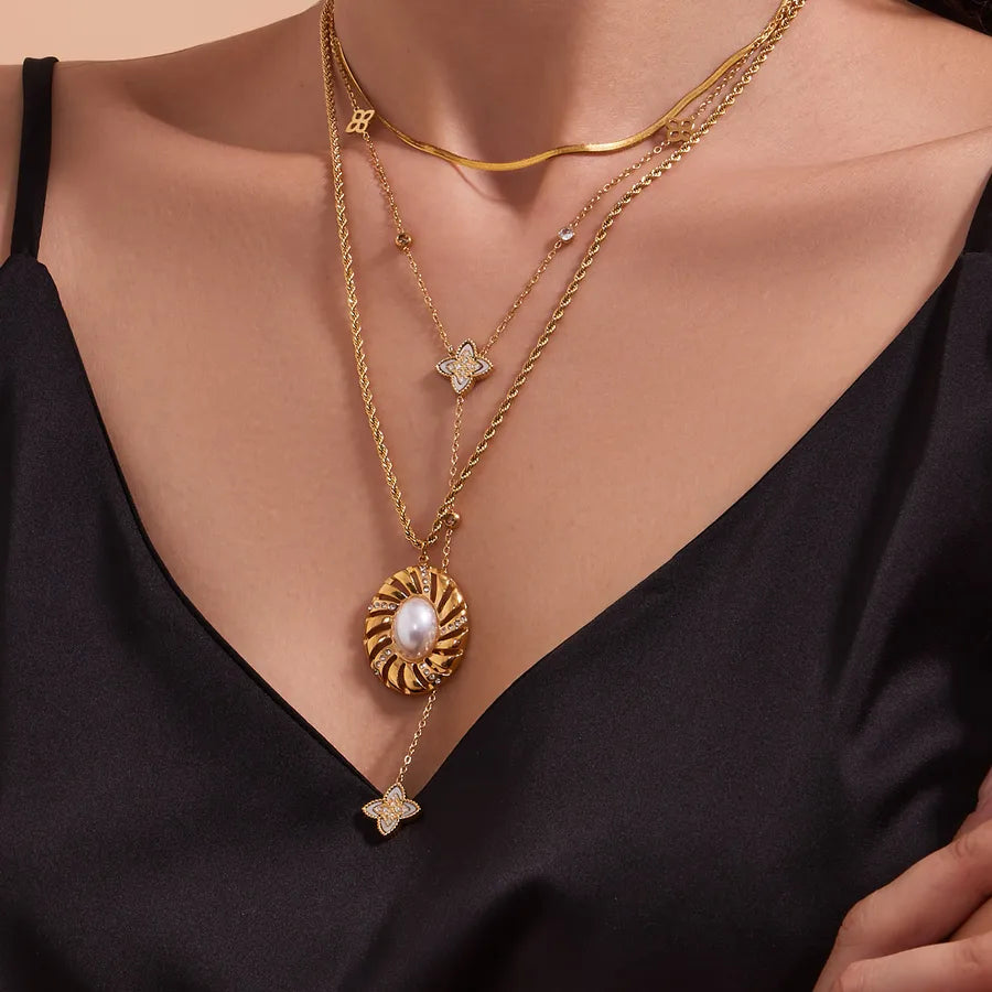 Gold Y Necklace with Zircon & Pearl Accents