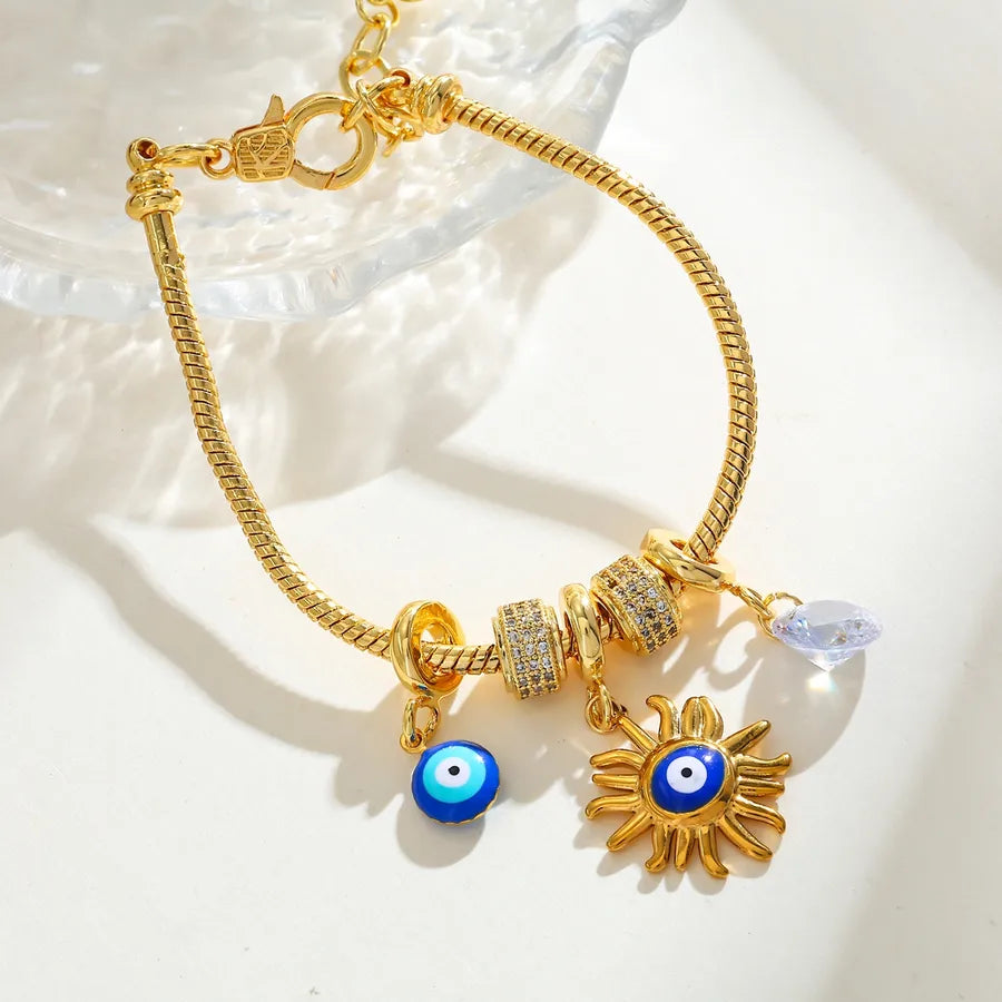 14K Gold Sun & Eye Charm Stainless Steel Bracelet