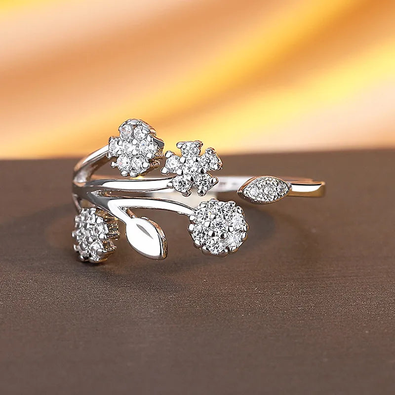 Sterling Silver Leaf & Flower Open Ring