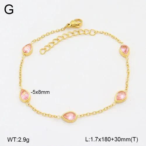 18K Gold Plated Waterdrop Bracelet 180mm+30mm Pink Diamond Gold 1 Strand Package