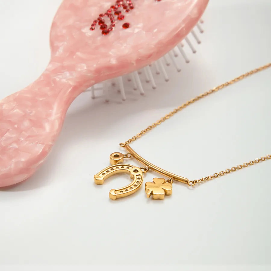 18K Gold Clover & Horseshoe Stainless Steel Necklace