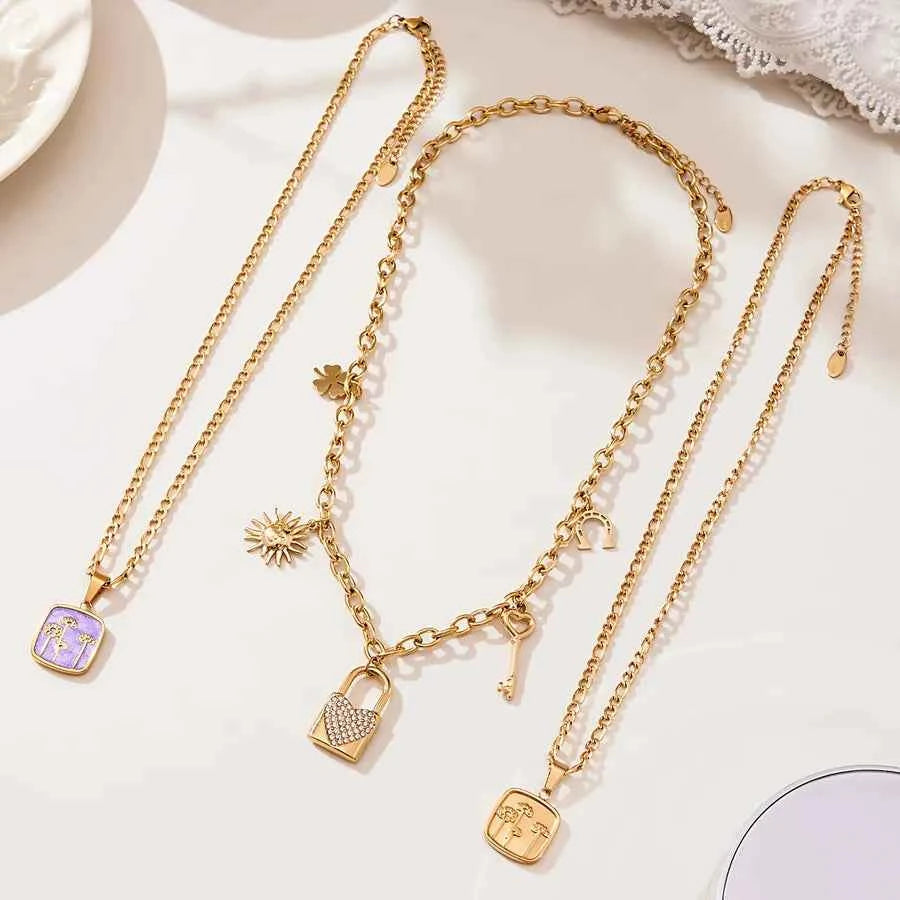 18K Gold Heart Lock Necklace with Zircon Charms