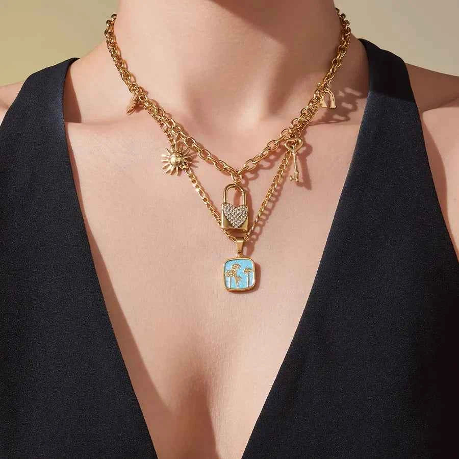 18K Gold Heart Lock Necklace with Zircon Charms