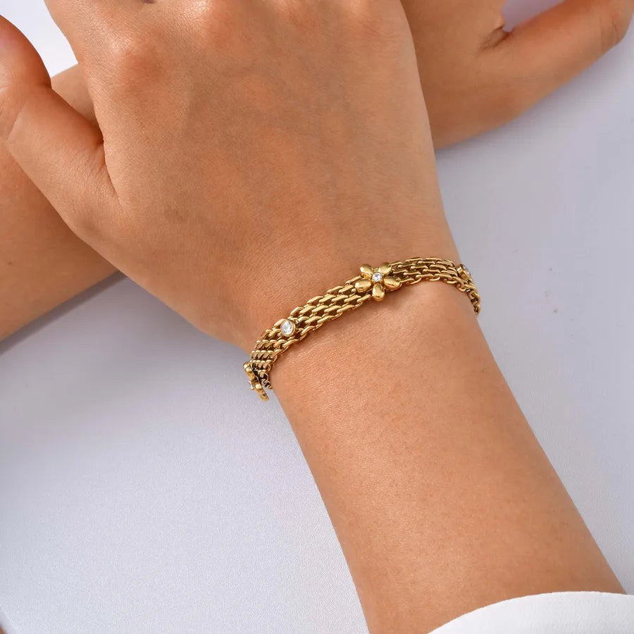 Women's Gold Mesh Flower Bracelet with Zircon