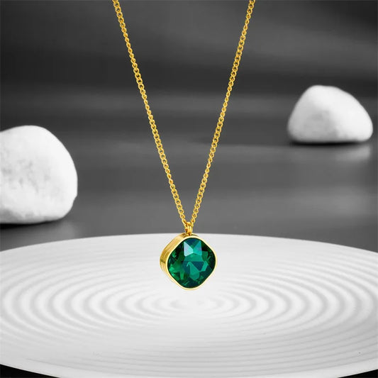 Green Zircon Gold-Plated Geometric Locket Necklace