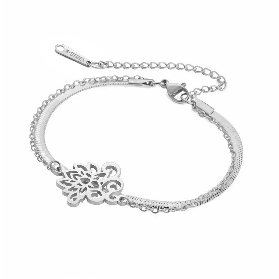 Retro Lotus Pendant Gold-Plated Bracelet Steel Color-Double Layer Snake Chain