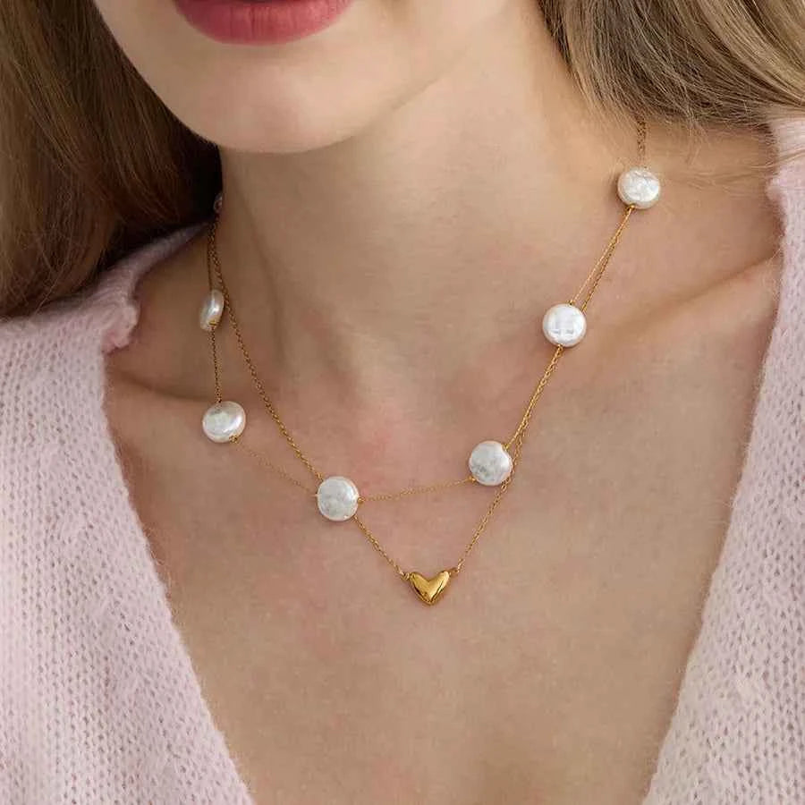 18K Gold Glass Pearl & Heart Pendant Necklace Set