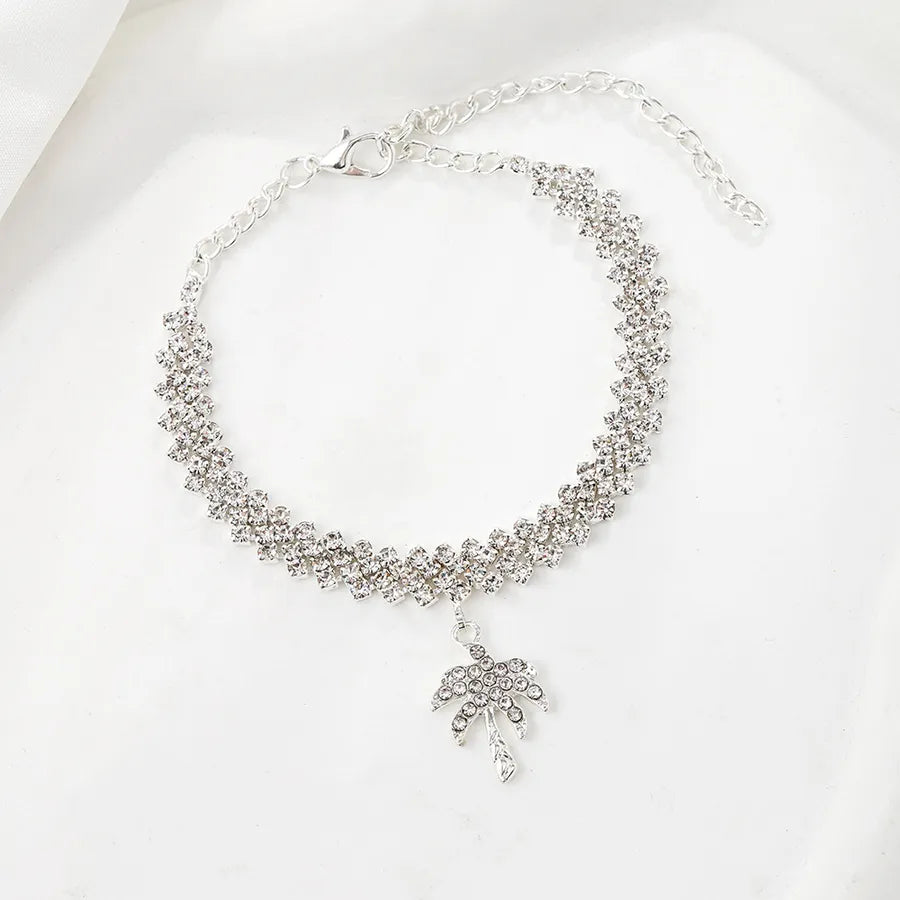Crystal Leaf Rhombus Anklet for Women Silver