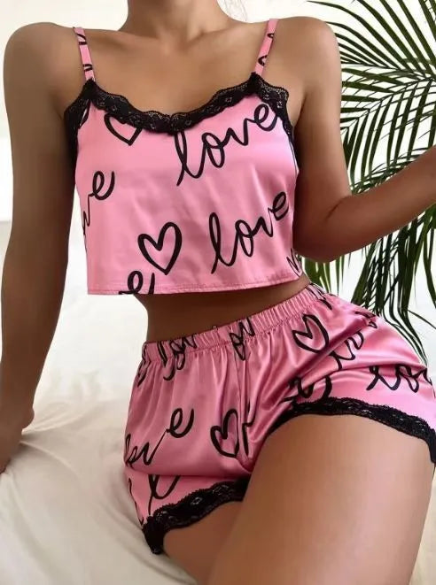 Women's Satin Letter Print Lingerie Set XXL Pink