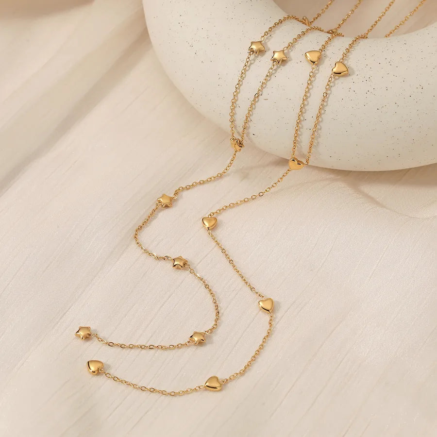 Gold Y-Shaped Heart & Star Pendant Necklace