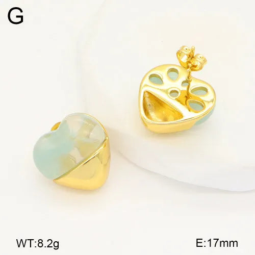 18K Gold Plated Heart Resin Stud Earrings 17mm Blue Gold 1 Pair Package