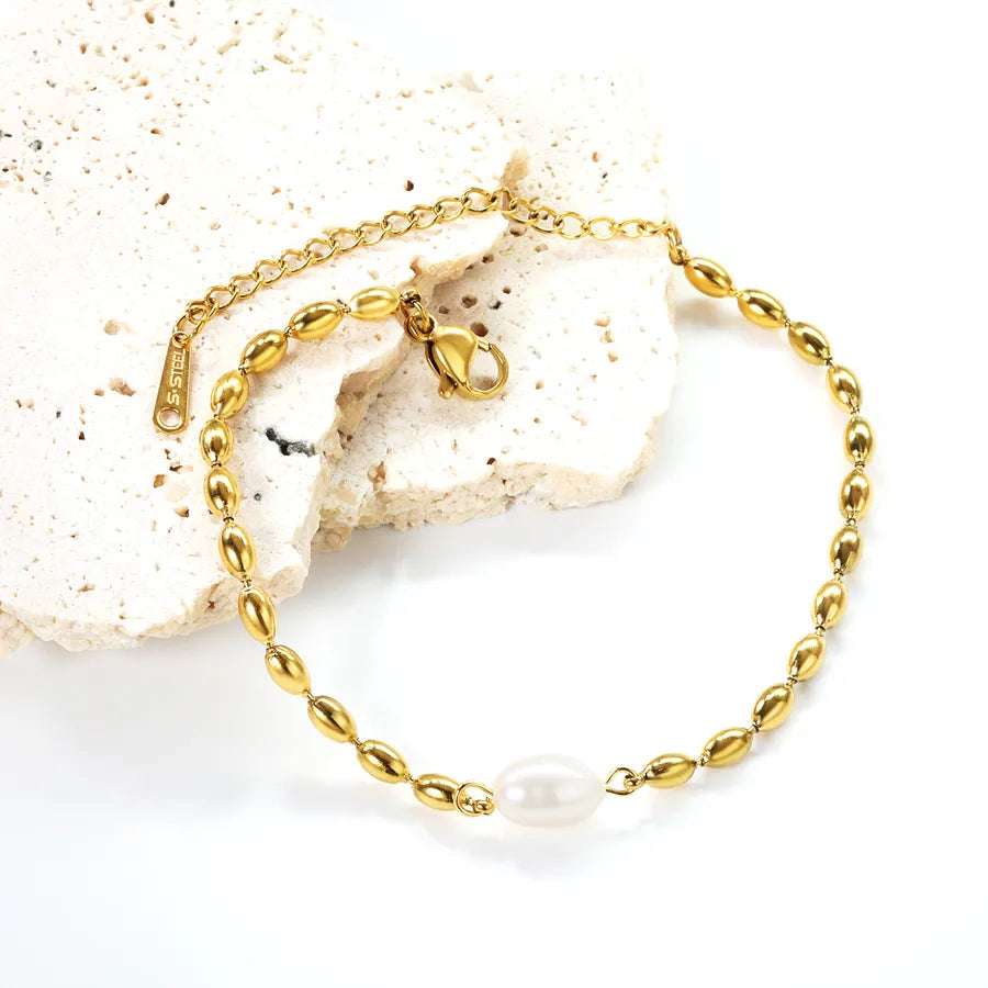 Gold Wheat Bead & Pearl Bracelet for Women