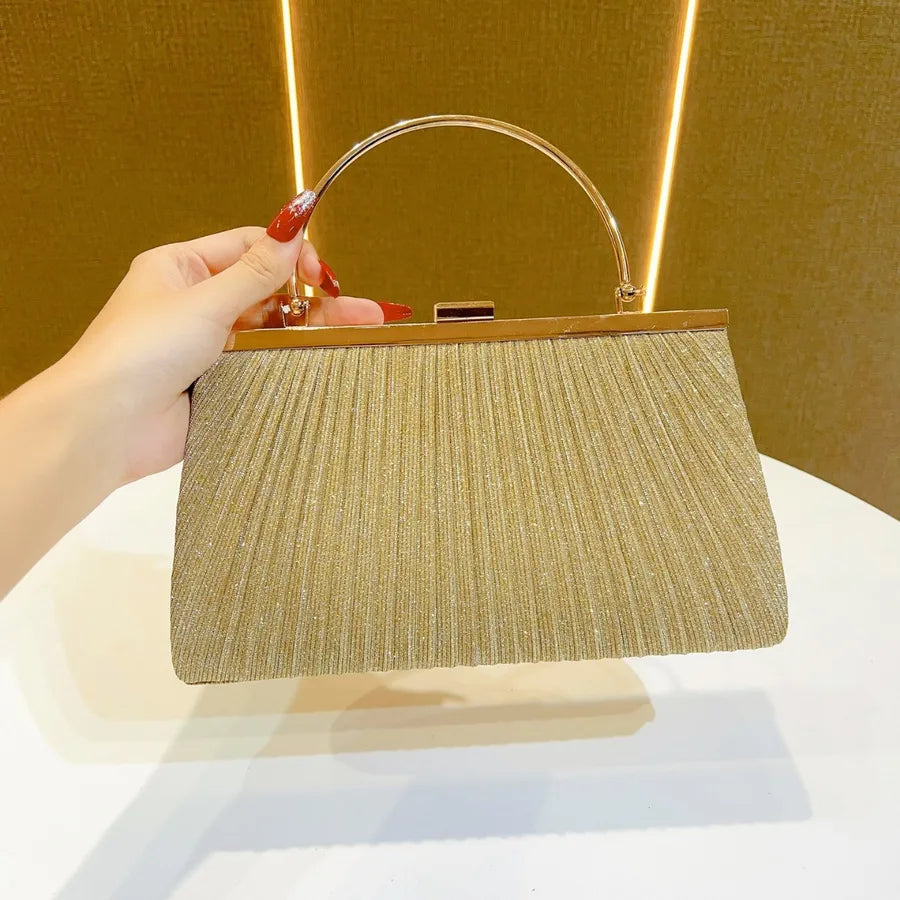 Shiny Ruched PU Crossbody Handbag for Women Square Wrinkle Gold (Handheld)