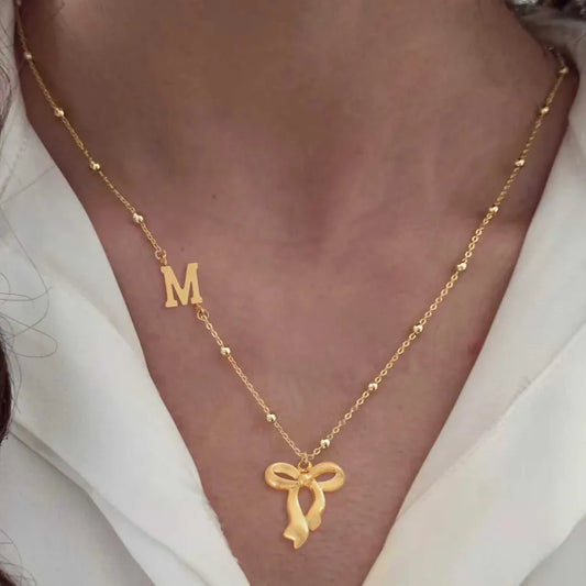 18K Gold Plated Bow Initial Pendant Necklace