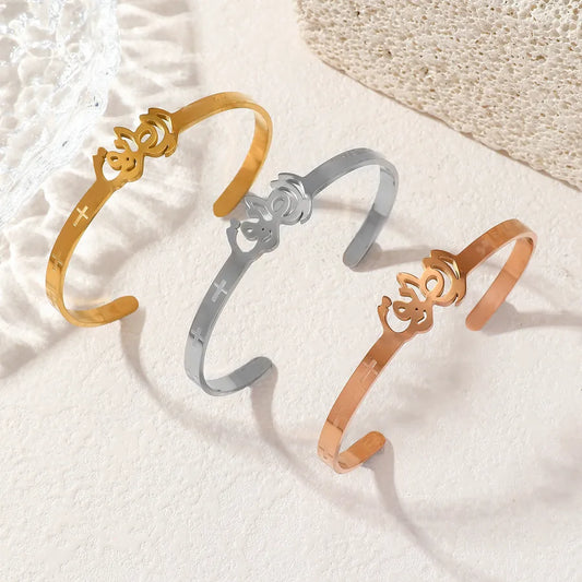 Gold Stainless Steel Cuff Bracelet with Cross Design