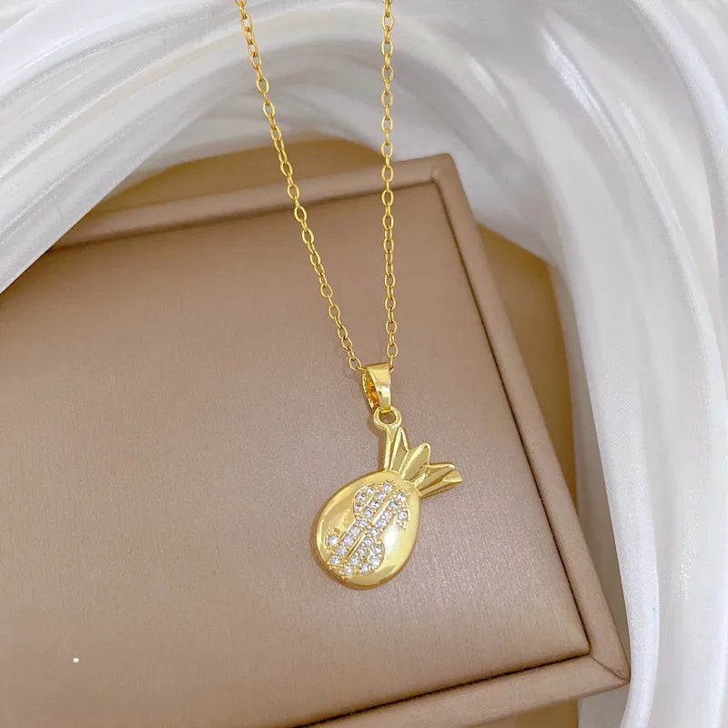 Gold Butterfly & Fish Choker Necklace E115 Titanium Steel Chain Copper Pendant